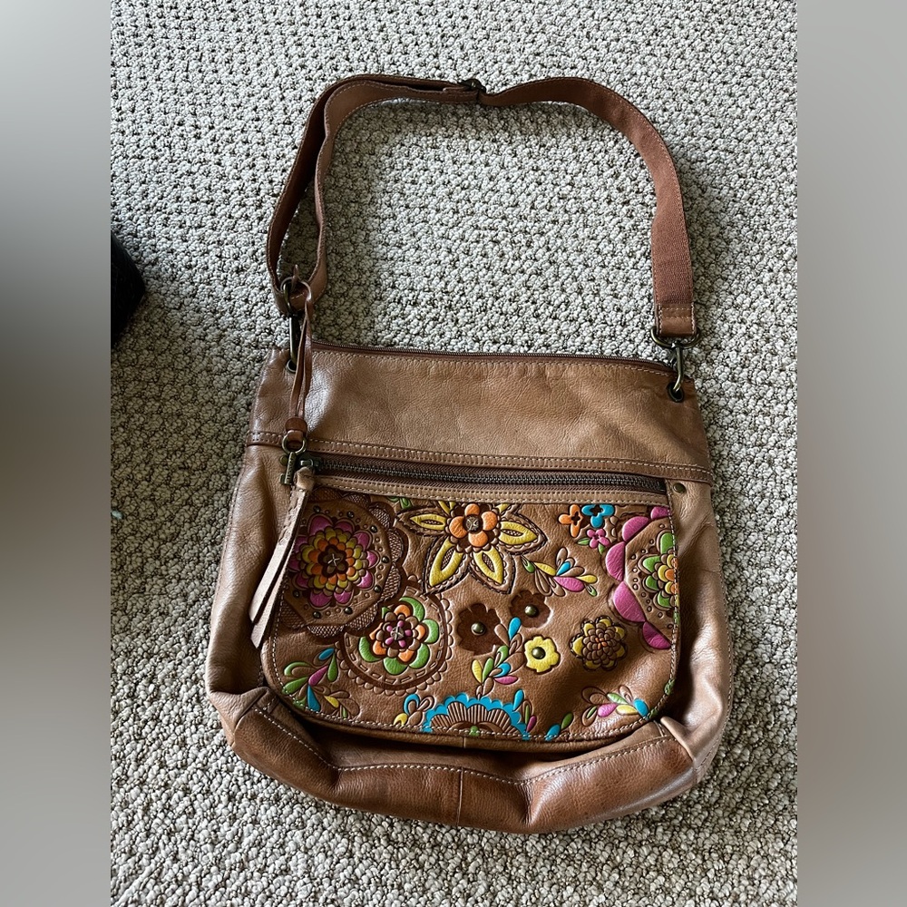 Fossil Brown Crossbody Bag with Colorful Floral Appliqué